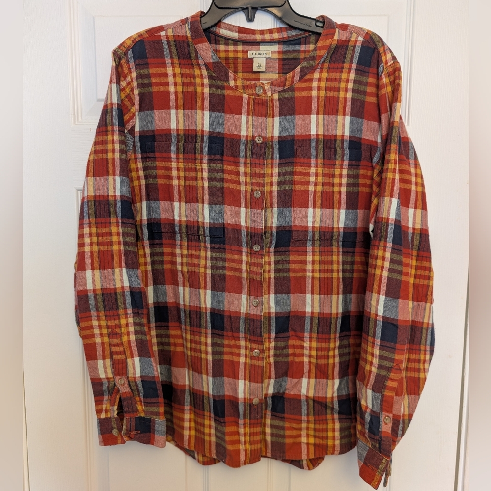 L.L. Bean Womens Collarless Flannel Shirt - XL